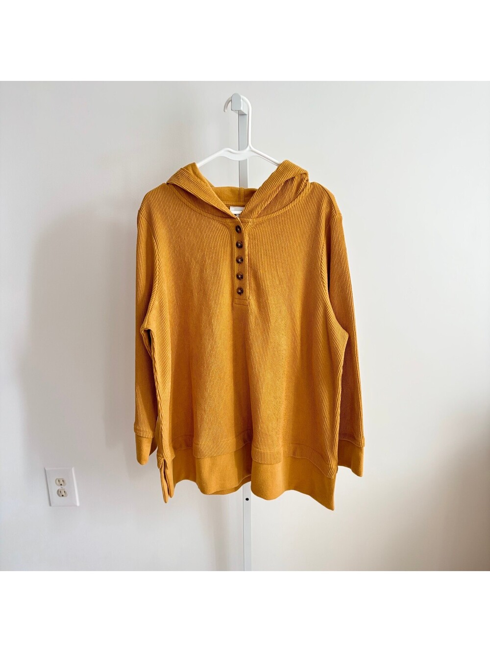 J. Jill NWOT Women's Mustard Yellow Textured Knit Tunic Hoodie Pullover Size XL